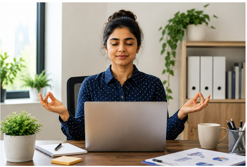 Professional managing workplace stress through mindfulness and productivity techniques
